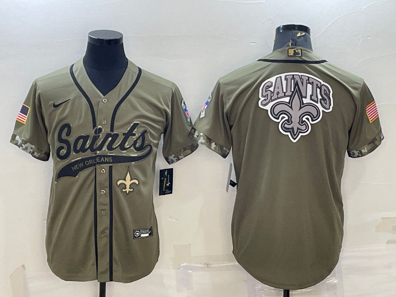 Men's New Orleans Saints Olive 2022 Salute To Service Team Big Logo Cool Base Stitched Baseball Jersey 001